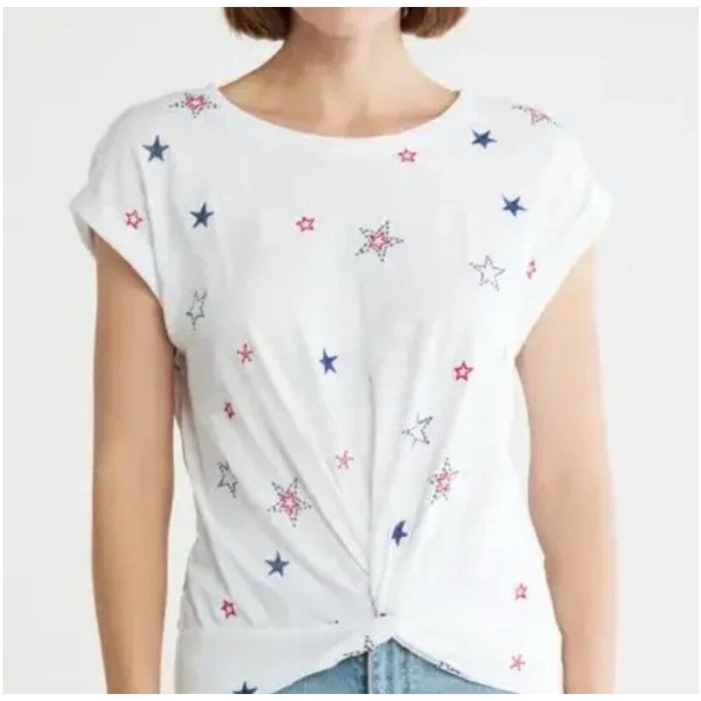 Lucky Brand T-Shirt Women's Size M Stars Short Sleeve Knit Twist Front Tee